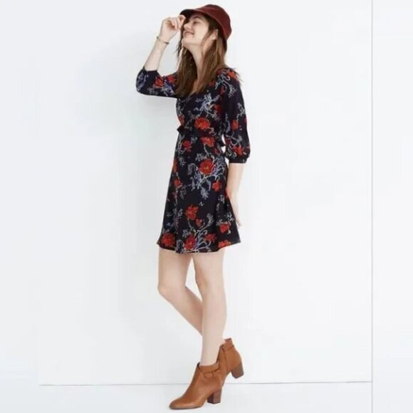 Madewell Navy Blue Windblown Poppies Floral Silk 3/4 Sleeve Ruffle Dress 14 NWT - Picture 2 of 14
